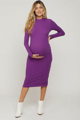 Purple Ribbed Mock Neck Button Side Slit Maternity Midi Dress