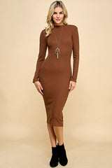 Brown Ribbed Mock Neck Button Side Slit Midi Dress