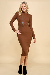 Brown Ribbed Mock Neck Button Side Slit Midi Dress