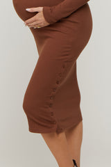 Brown Ribbed Mock Neck Button Side Slit Maternity Midi Dress