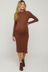 Brown Ribbed Mock Neck Button Side Slit Maternity Midi Dress