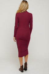 Burgundy Ribbed Mock Neck Button Side Slit Maternity Midi Dress