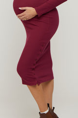 Burgundy Ribbed Mock Neck Button Side Slit Maternity Midi Dress