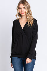 Black Ribbed Hooded Wrap Long Sleeve Top