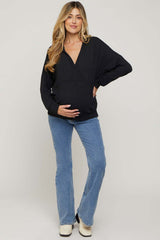 Black Ribbed Hooded Wrap Long Sleeve Maternity Top