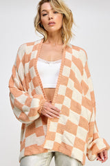 Peach Checkered Oversized Maternity Cardigan