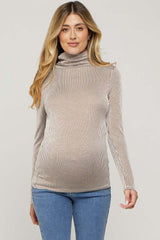 Camel Ribbed Maternity Turtleneck Top