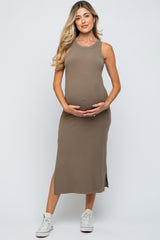 Taupe Ribbed Maternity Side Slit Tank Dress