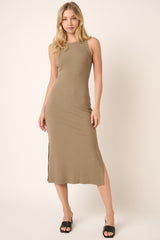 Taupe Ribbed Maternity Side Slit Tank Dress