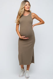 Taupe Ribbed Maternity Side Slit Tank Dress