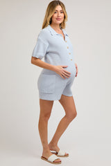 Light Blue Sweater Knit Front Button Maternity Romper