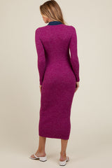 Magenta Collared Button Front Long Sleeve Maternity Midi Sweater Dress