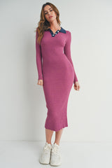 Magenta Collared Button Front Long Sleeve Maternity Midi Sweater Dress