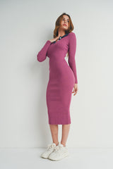 Magenta Collared Button Front Long Sleeve Midi Sweater Dress