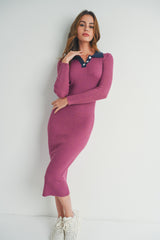 Magenta Collared Button Front Long Sleeve Midi Sweater Dress