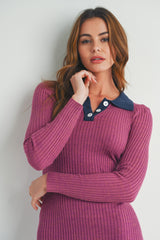 Magenta Collared Button Front Long Sleeve Midi Sweater Dress