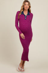 Magenta Collared Button Front Long Sleeve Maternity Midi Sweater Dress