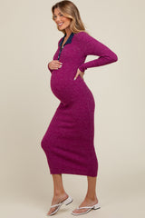 Magenta Collared Button Front Long Sleeve Maternity Midi Sweater Dress