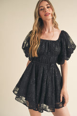 Black Sequined Lace Flared Mini Dress