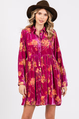 Magenta Velvet Floral Burnout Button Front Long Sleeve Dress