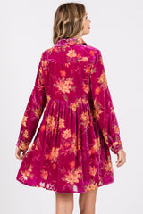 Magenta Velvet Floral Burnout Button Front Long Sleeve Dress