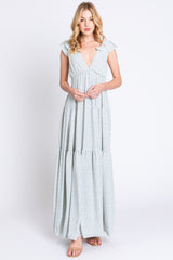 Light Blue Printed Sleeveless Tiered Cutout Back Maternity Maxi Dress