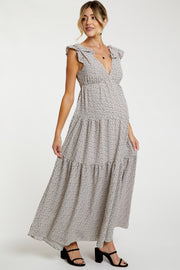 Taupe Printed Tiered Cutout Back Maternity Maxi Dress