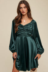 Deep Green Cinched Long Sleeve Satin Dress