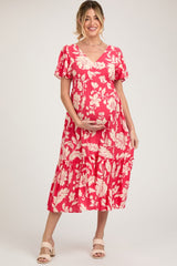 Red Tropical Print Ruffle Maternity Midi Dress