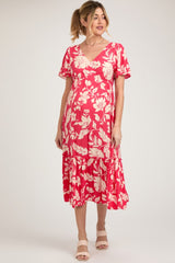 Red Tropical Print Ruffle Maternity Midi Dress