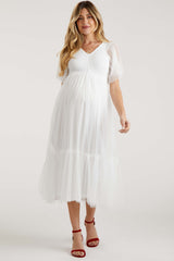 White Dotted Tulle Smocked Maternity Midi Dress