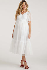 White Dotted Tulle Smocked Maternity Midi Dress