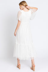 White Dotted Tulle Smocked Midi Dress