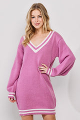 Mauve Oversized Varsity Striped V-Neck Maternity Sweater Dress