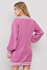 Mauve Oversized Varsity Striped V-Neck Sweater Dress