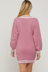 Mauve Oversized Varsity Striped V-Neck Maternity Sweater Dress