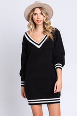 Black Oversized Varsity Striped V-Neck Sweater Dress