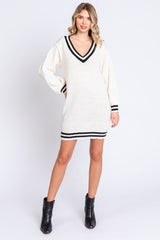 Ivory Oversized Varsity Striped V-Neck Sweater Dress