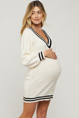 Ivory Oversized Varsity Striped V-Neck Maternity Sweater Dress