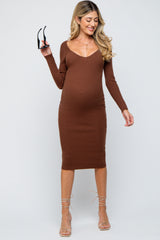 Brown Ribbed Long Sleeve Maternity Midi Dress