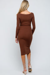 Brown Ribbed Long Sleeve Maternity Midi Dress