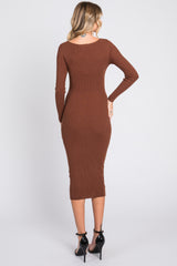 Brown Ribbed Long Sleeve Midi Dress