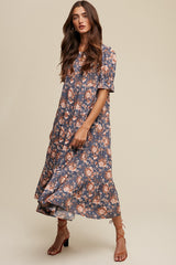 Blue Floral Ruffle Short Sleeve Tiered Midi Dress