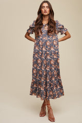 Blue Floral Ruffle Short Sleeve Tiered Midi Dress