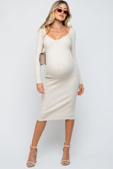 Cream Ribbed Long Sleeve Maternity Midi Dress