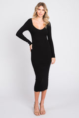 Black Ribbed Long Sleeve Midi Dress