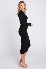 Black Ribbed Long Sleeve Midi Dress