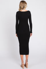 Black Ribbed Long Sleeve Midi Dress