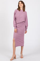 Mauve Knit Long Sleeve Crop Top Midi Skirt Set