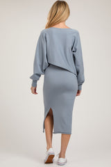 Light Blue Long Sleeve Crop Top Maternity Midi Skirt Set